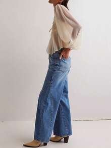 Women's Flowy Bow Front Tie Top Y2k Coquette Long Sleeve Peplum Lace Trim Chiffon Shirt Sheer V Neck Boho Ruffle Beach Blouse Going Out Tops - 米色 - 查看 8