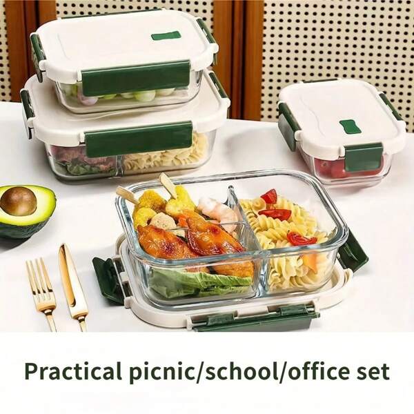 1 Set hochhitzebeständiger Borosilikatglas Bento Lunchbox mit 3 Behältern, inklusive Besteck & isolierter Tasche, mikrowellengeeignet und hitzebeständig, geeignet für Arbeitsmahlzeiten, Nudelschüssel, großer Lebensmittelbehälter