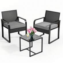 3 Pieces Patio Bistro Set,  Wicker Outdoor Patio Furniture Set, Rattan Conversation Patio Chairs With Glass Table, Furniture Set With Cushion For Balcony, Front Porch, Garden, Poolside