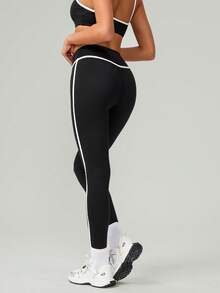 2 piezas Conjunto de Coordinado Primavera y Verano Mujeres Moda Línea Blanca Sujetador Deportivo de Yoga y Leggings - Negro - Ver 8
