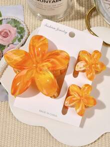 3 件春夏波西米亚风格渐变色大号和小号鸡蛋花大理石图案发夹，海滩度假发饰发夹爪夹发夹发夹发夹发夹，休闲秋冬 - 大理石亮橙 - 查看 5