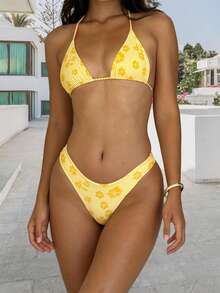 Womens Bikini Swimsuits Floral Print Halter Tops With Thong 2 Pcs Set Stylish Bikini Bathing Suit - Yellow - View 5