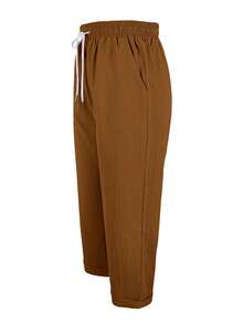 Pantaloni a gamba dritta Capri Jessefine di colore solido, con effetto plissettato, vita elastica con coulisse, in tessuto marrone, versatili per primavera/estate, vacanze, casual e casa - Castano - Visualizzare 3