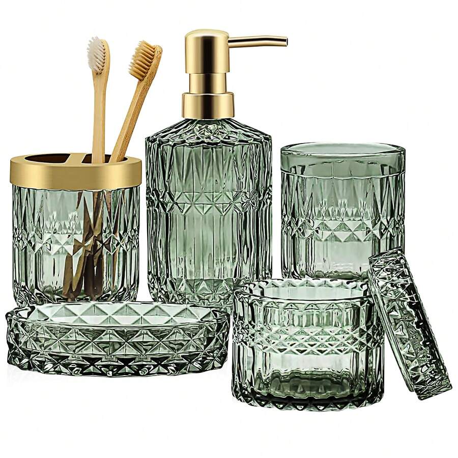 Bộ đồ dùng phòng tắm bằng thủy tinh vàng 5 món có đĩa đựng xà phòng, giá để bàn chải đánh răng, cốc, hộp đựng tăm bông và chai | Bộ đồ trang trí phòng tắm chất lượng cao theo thiết kế cổ điển với các giải pháp lưu trữ | Bộ phụ kiện bằng thủy tinh hiện đại cho phòng tắm, nhà vệ sinh dành cho khách hoặc ý tưởng quà tặng – Đồ trang trí an toàn với máy rửa chén và vệ sinh cho ngành công nghiệp gia đình/khách sạn Quay lại trường học - màu xanh lá - Xem 1