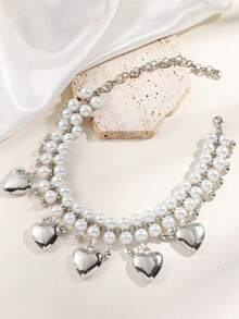 1 件女士双层珍珠项链，带心形吊坠颈链，时尚优雅，适合派对佩戴 - 鎖骨鏈 - 查看 8