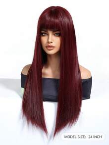 红色长直发合成耐热假发红色假发带刘海女士假发适合角色扮演派对 - 紅色 - 查看 6