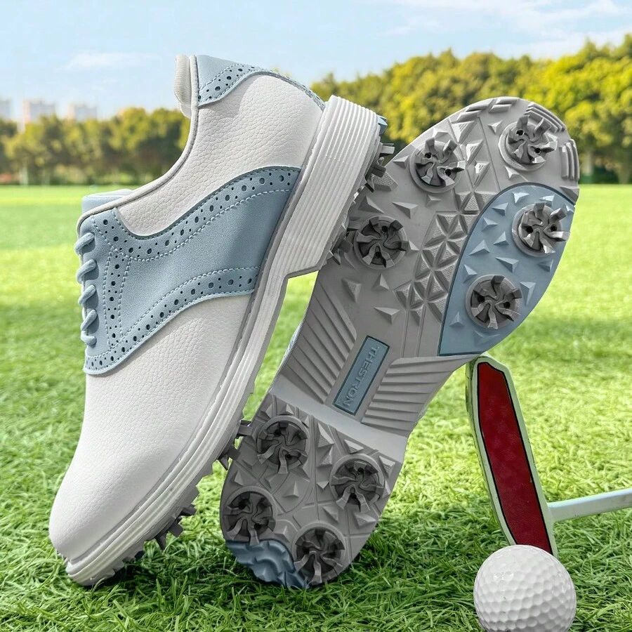 Zapatos de golf profesionales para mujer para exteriores con tacos, zapatillas deportivas antideslizantes y duraderas, tenis deportivos con cordones y bloques de color - Azul - Ver 1