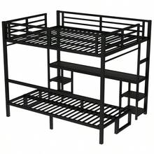 Queen Over Twin XL Metal Bunk Bed/Loft Bed With Desk And Shelves, Multiple Uses Folds Into Sofa With LED And USB, Black-3209 - Multicolor - View 5