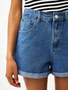 Stretch Bajo Doblez para mujeres, Shorts vaqueros básicos y versátiles de estilo clásico,Shorts mezclilla,Pantalones cortos vaqueros casuales versátiles - Azul - Ver 3