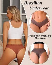 Womens Cotton Underwear Lace Brazilian Panties Soft Breathable Cotton Bikini Ladies 6 Pack - màu đen - Xem 5