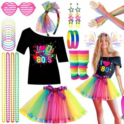 10Pcs 80s Accessories Set For Women, Retro Fancy Dress With Tutu Skirt Leg Warmers Fishnet Gloves Earrings Lace Headband Glasses Bracelet For Girls 1980s Costume Outfit Hen Do Party Halloween