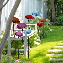 Two Metal Floral Garden Decoration Stakes, Colorful Metal Poppy Flowers For Yard Decor, Outdoor Garden Decorations For Spring And Summer, Two (Tall/Short) Garden Ornaments For Indoor And Outdoor Use, Lawn Path Yard Decoration.