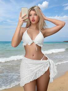 Traje De Baño Dama Tres Piezas Bikini Sexy Para Mujer,Set De 3 Piezas De Bikini De Verano Con Volantes Y Lazo En El Cuello Para Vacaciones En La Playa De Mujer - Blanco - Ver 1