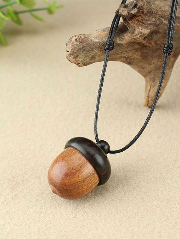 1pc Wax Rope & Wooden Acorn Pendant Necklace, Colorful Apple Pendant Necklace, Multicolor Wooden Rainbow Pine Cone Necklace, Unisex Jewelry