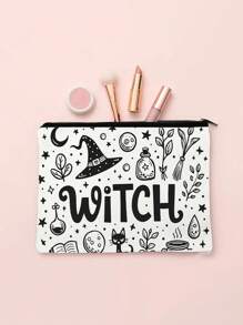 Bolsa de maquiagem mística de bruxa - Bolsa de cosméticos leve com zíper e estampa dupla-face com tema de bruxa, vibrações de bruxa, design de lua crescente e estrelas, bolsa de viagem ideal para artigos de higiene e porta-moedas, presente perfeito para ela em aniversários, Natal, Dia dos Namorados, estampa celestial | Estampa dupla-face, volta às aulas