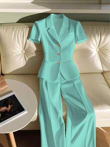 2 件套女士商务套装，短袖西装外套和裤子，适合工作