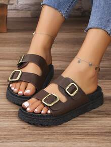 女士 PU 扣装饰凉鞋，棕色，厚底时尚女鞋，沙滩拖鞋 - 棕色 - 查看 6