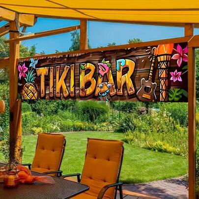 1 pieza - Bandera de bar temática tiki de poliéster - Decoraciones de fiesta con temática de playa tropical hawaiana - Para patio, jardín, cerca, balcón, evento de bienvenida en el hogar - Cartel colgante de uso múltiple para interiores/exteriores de 200cm*50cm
