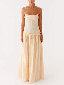 Women Y2K Maxi Dress Elegent Solid Color Spaghetti Strap Square Neck Pleated Front Flowy Long Dress Summer Backless Sleeveless Ruched Ruffle Hem Going Out Cami Dresses Party Club Beach Vacation Sundress - 淡黃色 - 查看 3