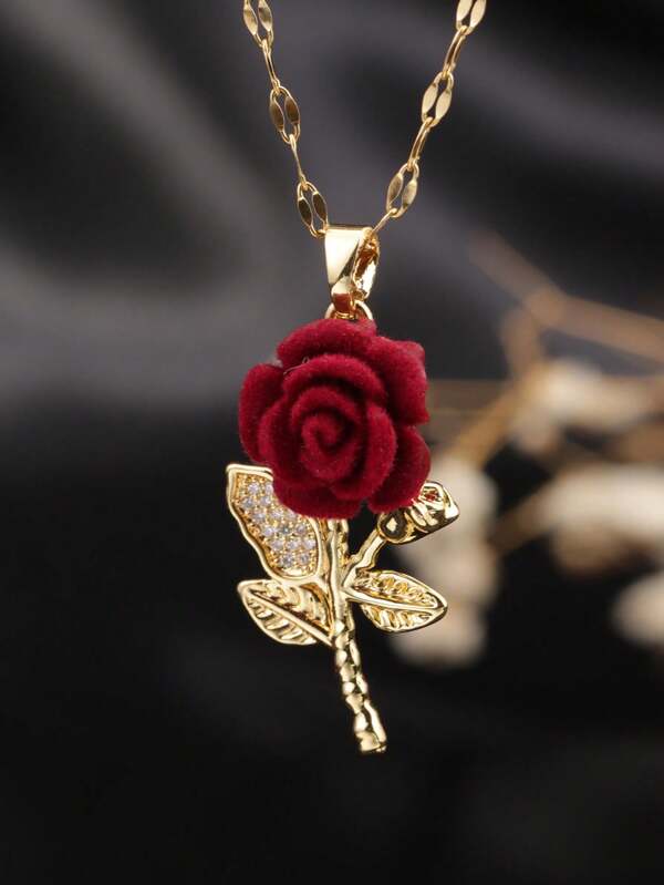 1 pieza Collar de acero inoxidable con colgante de flor con micro-incustaciones de cubic zirconia en rosa rojo romántico, collar ajustable adecuado para uso diario, fiesta, regalo para novia, esposa, aniversario