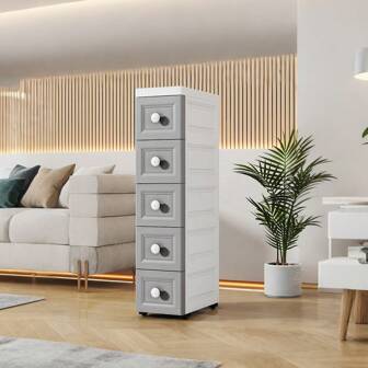 5-Tier Narrow Gap Cabinet, Ultra Thin Storage Cabinet Utilizing Slim Spaces, Quiet Sliding Drawers, Movable Plastic Storage Tower With Drawers For Clothes, Cosmetics, Books, Office Supplies, Bathroom, Easy Assembly, Fits Living Room, Bathroom, Bedroom, White/Grey, 25/18/15cm Width