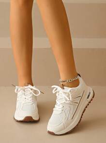 女士圆头系带厚底学生休闲舒适厚底运动鞋 - 卡其色 - 查看 2