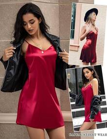 Women Babydoll Lingerie Slip Dress Sleepwear Nighty Chemise - 酒紅色 - 查看 2