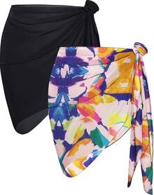CHICGAL 2 Pieces Women Beach Sarong Bathing Suit Wrap Skirt Sheer Bikini Swimsuit Cover Ups Swimwear - 黑色和彩色油漆 - 查看 1