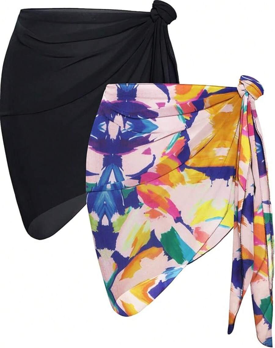 CHICGAL 2 Pieces Women Beach Sarong Bathing Suit Wrap Skirt Sheer Bikini Swimsuit Cover Ups Swimwear - 黑色和彩色油漆 - 查看 1