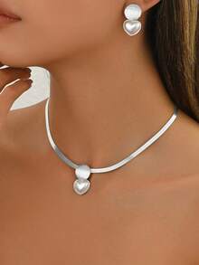 3pcs Set Elegant Fashion Versatile Textured Collarbones Heart-Shaped Pearl French Vintage Jewelry Set - Silver - View 1