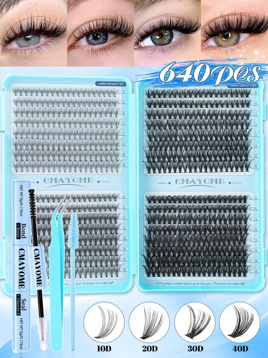 640pcs/Set DIY Eyelash Extension Kit, Eyelash Cluster Set, Curl Degree 10D-100D, Includes Eyelash Glue, Tweezers And Eyelash Brush. Suitable For Home Use. Comes With Eyelash Cluster Manual (4 Mixed Styles). Essential For Christmas Travel. - 彩色 - 查看 1