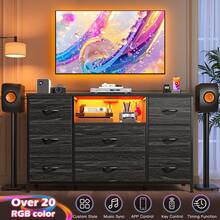 EnHomee Black Dresser TV Stand For 55'' With LED Lights & Charging Station, Dresser For Bedroom With 8 Drawer, Chest Of Drawers With Open Shelves, 6 Adjustable Feet, Hallway, Entryway, Closet