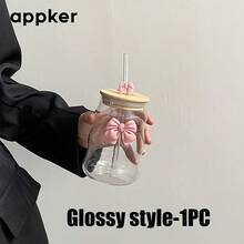 1/2 500毫升优雅磨砂玻璃杯，带盖和吸管，波浪形设计，可重复使用，家居装饰，非常适合盛装牛奶和咖啡 - 情人节和斋月的理想之选 - 光面風格 - 查看 2