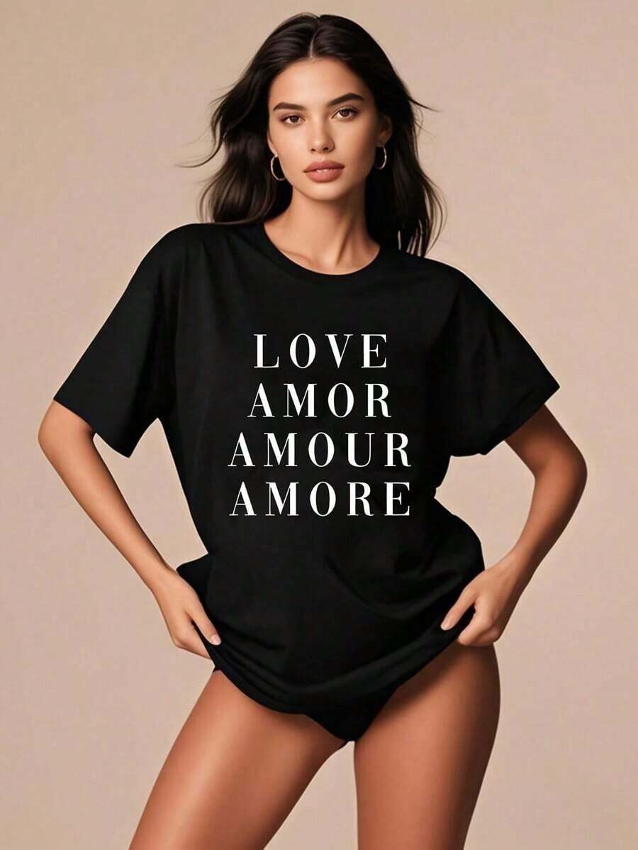 "LOVE AMOR AMOUR AMORE" Minimalist Text – Soft Fabric, Multilingual Vibe, Perfect For Polyglots & Romantic Souls - Black - View 1