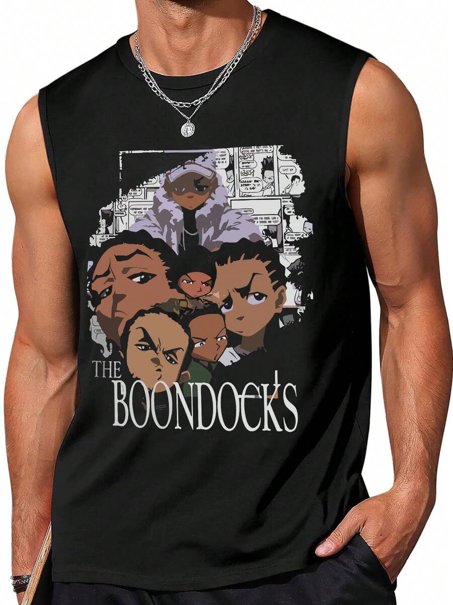 Camiseta de tirantes de hombre de 100% algodón de 220g, inspirada en "The Boondocks" - Negro - Ver 1