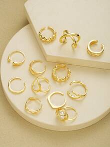 12 件/套宽几何不对称形状仿珍珠镂空设计纹理交叉金属粗戒指套装，时尚简约优雅复古风格，适合节日、假日、派对、约会、日常佩戴、礼物