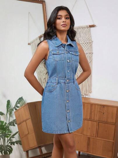 Robe en jean à taille élastique avec boutons devant, sans manches, couleur unie, pour femmes