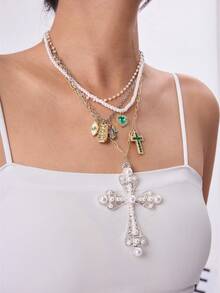 DareSee 2件套复古钛钢十字架和心形吊坠多层项链套装，情人节、妈妈、母亲节礼物，适合音乐节、Y2K 节、返校季、秋季、圣诞节、冬季等场合。 - 彩色 - 查看 4