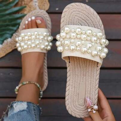 Women's Pearl Slippers - Comfortable Fabric, Lightweight EVA Sole, Beige Open Toe Slides, Suitable For Casual Vacation Wear, Casual Slippers | Lace-Up Sandals | Lightweight Sandals