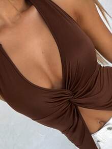 1pc Plain Fabric Asymmetric/Asymmetrical Twist Back Camisole Top, For Spring/Summer - Brown - View 6