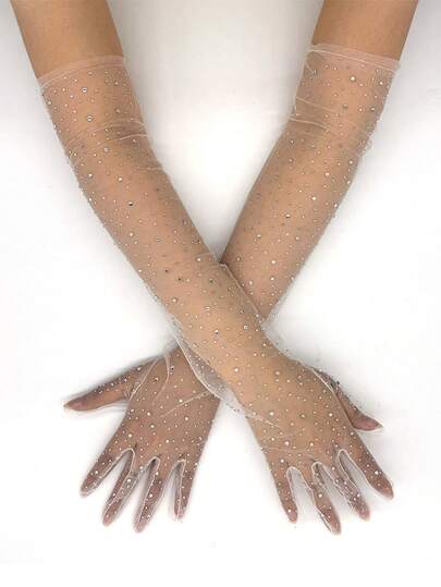1 Pair Pure White Sparkly Crystal Bridal Gloves, Long Sheer Tulle Gloves To Complement Your Wedding Gown, Wearable Year-Round Autumn Accessories Valentine's Day Accessories