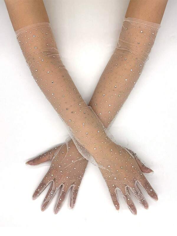 1 Pair Pure White Sparkly Crystal Bridal Gloves, Long Sheer Tulle Gloves To Complement Your Wedding Gown, Wearable Year-Round