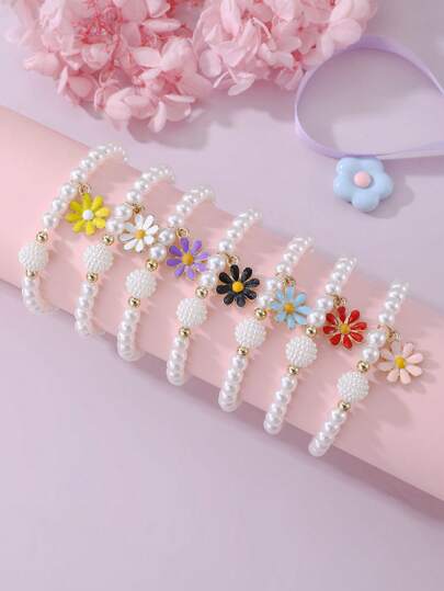 7件套卡通滴油蝴蝶、雏菊、爱心、独角兽吊坠珍珠手链套装