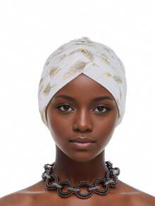 1pc Feather Foil Print Turban Hat, Cap, Chemo Cap, Conceals Gray Hair, Headwear Hair Sleep Cap - Feather Hot Stamping - View 8