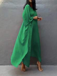 Plus Size Women Elegant Solid Color Loose Fit Casual Robe With Batwing Sleeves, Ideal For Vacation, Spring/Summer/Autumn