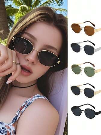 2 piezas Gafas de moda con marco ovalado pequeño y exquisito, gafas de moda metálicas retro para hombres y mujeres, adecuadas para protección solar de verano, vacaciones en la playa, deportes al aire libre, fiestas, automoción, pesca, ciclismo, compras y accesorios para tomar fotos