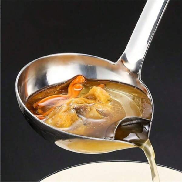 Stainless Steel Oil Separator Spoon - 1pc Fat Skimmer Ladle, Grease Strainer For Soup & Gravy, Hot Pot Oil Filter Tool With Long Handle And Pouring Spout For Kitchen Use,School Supplies