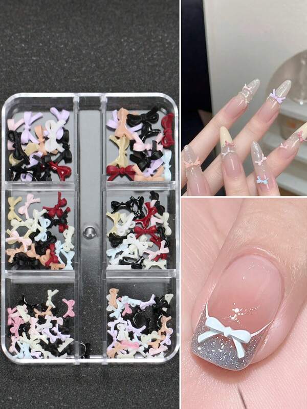 (Approx. 100pcs) 6 Grid Box Mini Bow Nail Art Decorations, French Style Small Bow Colorful Mixed Resin Rhinestone Nail Accessories