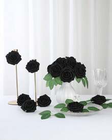 25Pcs Artificial Roses Flowers Fake Roses With Stems Real Touch Foam Flowers For DIY Wedding Bouquet Baby Shower Centerpiece Floral Arrangement Party Home Decor(Dark Red) - Black - View 11