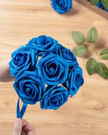 25Pcs Artificial Roses Flowers Fake Roses With Stems Real Touch Foam Flowers For DIY Wedding Bouquet Baby Shower Centerpiece Floral Arrangement Party Home Decor(Dark Red) - Royal Blue - View 2
